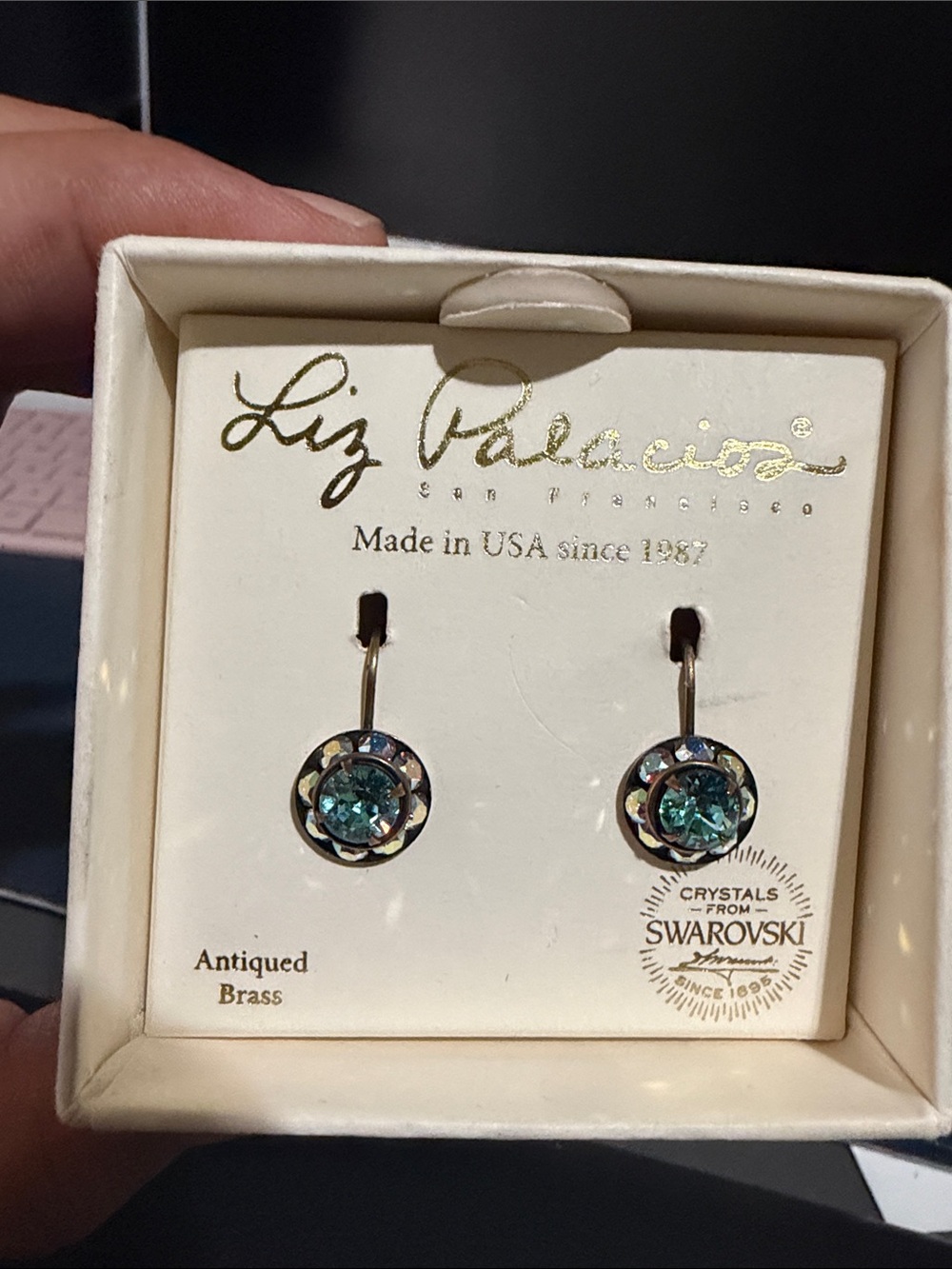 Liz Palacios Aqua Crystal Drop Earrings - Antiqued Brass